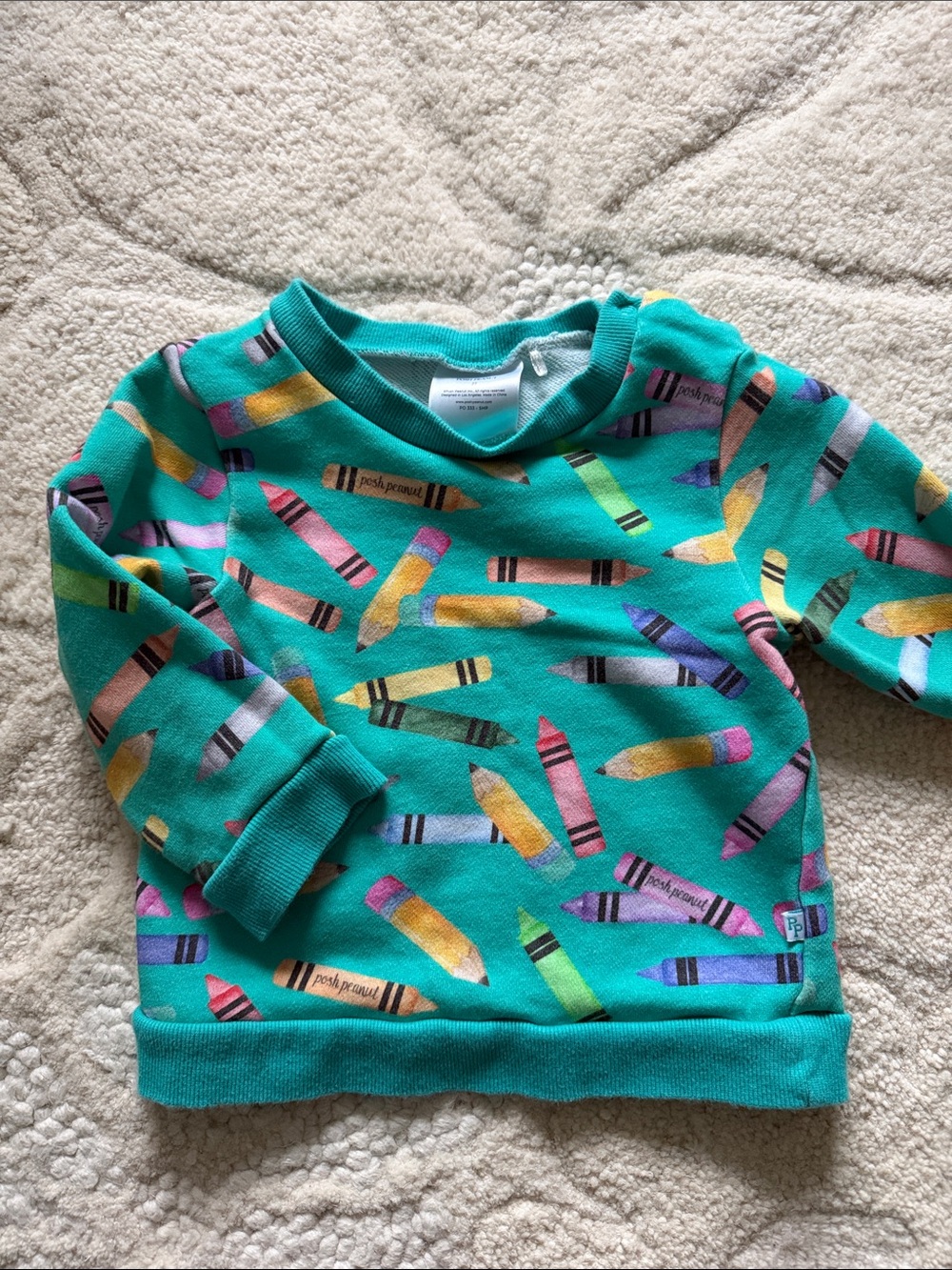 Posh Peanut Size 2T Kids Teal Crayon Print Sweatshirt - Colorful Crayon Design